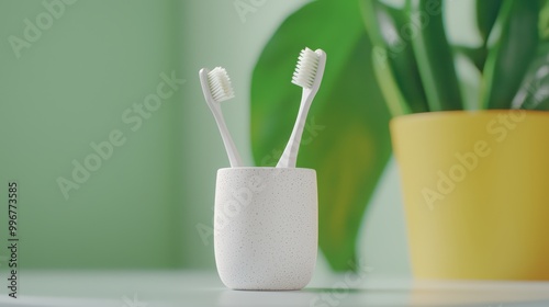 Two toothbrushes in a white holder against a soft green background.