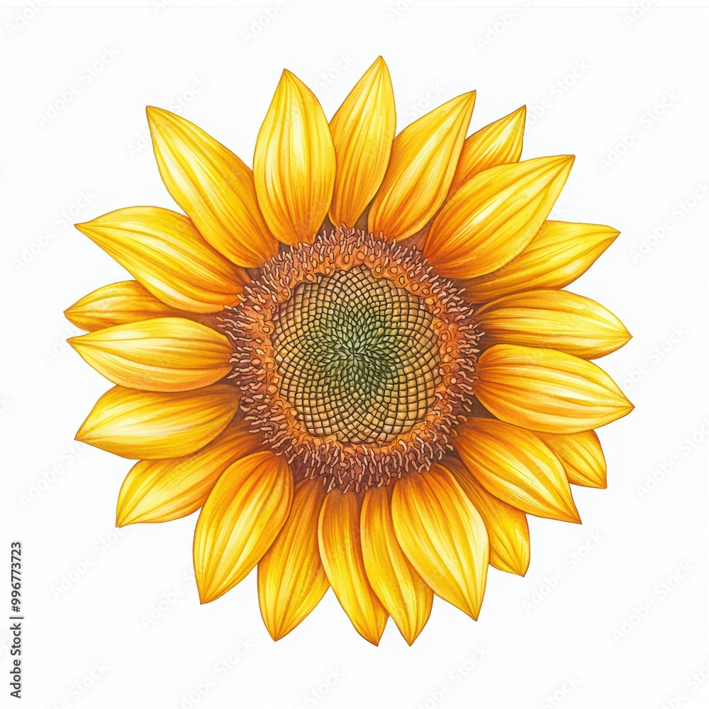 Fototapeta premium Vibrant sunflower with golden petals and intricate center on a white background.