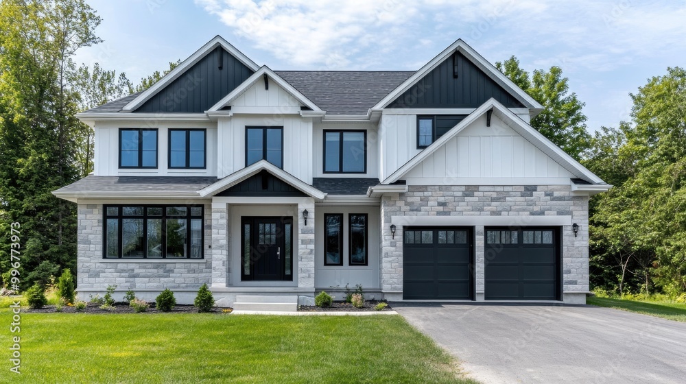 A striking modern house features large windows and a dark gray roof, basking in the sunshine among green landscapes in Vancouver, British Columbia A striking modern house features large windows and a dark gray roof, basking in the sunshine among green landscapes in Vancouver, British Columbia