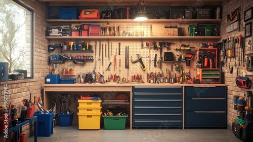 a well-organized basement workshop, showcasing tools and projects in progress photo