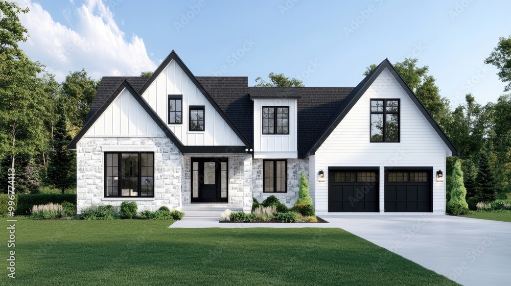 A striking modern house features large windows and a dark gray roof, basking in the sunshine among green landscapes in Vancouver, British Columbia A striking modern house features large windows and a dark gray roof, basking in the sunshine among green landscapes in Vancouver, British Columbia