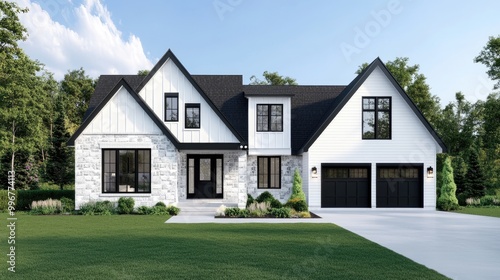 A striking modern house features large windows and a dark gray roof, basking in the sunshine among green landscapes in Vancouver, British Columbia