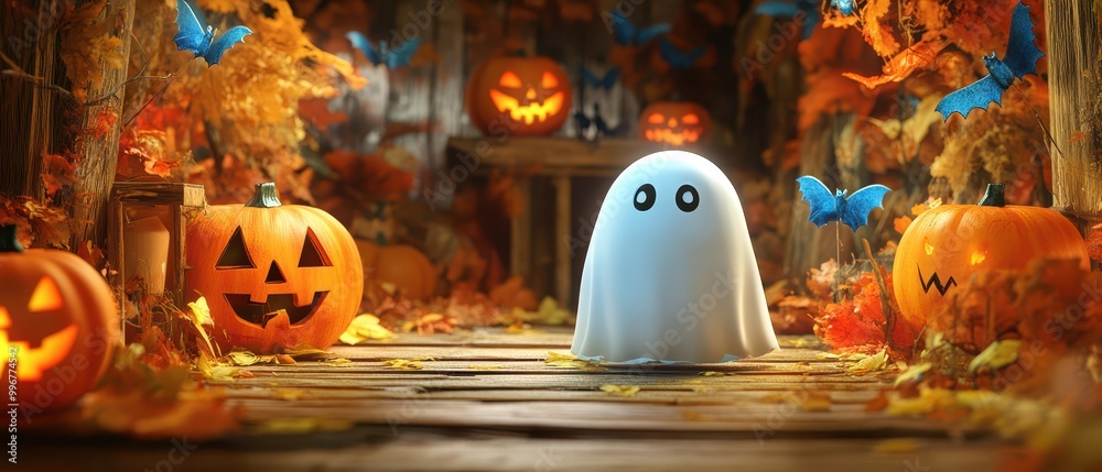 A Halloween scene with a ghost and pumpkins A Halloween scene with a ghost and pumpkins