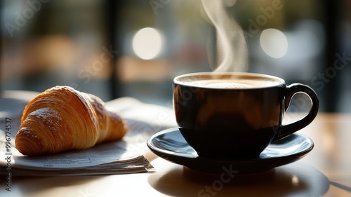 Steaming coffee cup beside a freshly baked croissant on a sunny table.