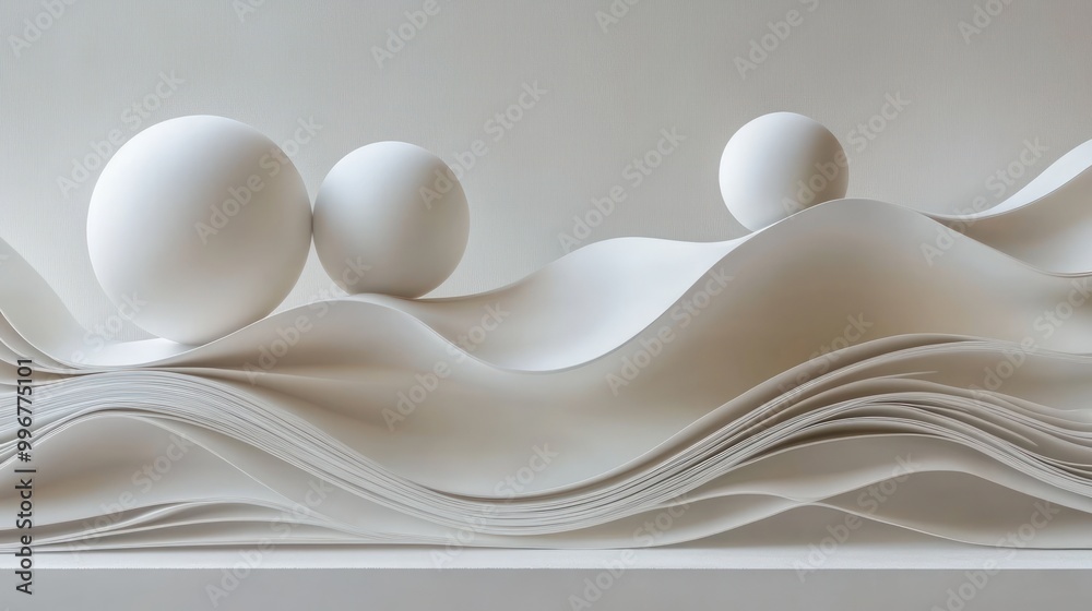 Three white spheres rest on a wave-like surface of white paper. Three white spheres rest on a wave-like surface of white paper.