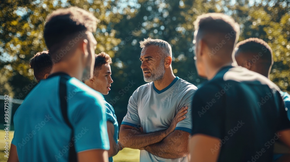 Obraz premium a coach giving advice to players during a practice session, emphasizing teamwork and strategy