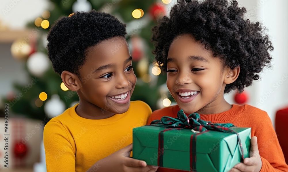 Joyful Siblings Exchanging Holiday Gifts by the Christmas Tree Joyful Siblings Exchanging Holiday Gifts by the Christmas Tree