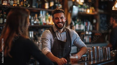 a bartender interacting with customers at the bar, creating a friendly and welcoming atmosphere