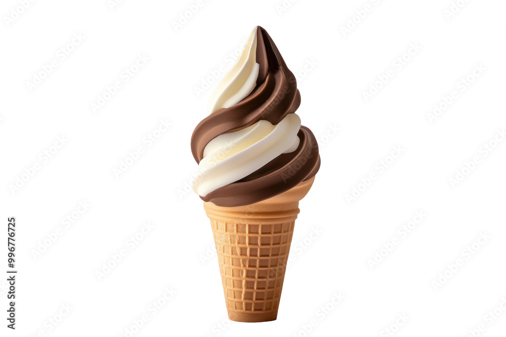 A close-up image of a single-serving ice cream cone with vanilla and chocolate swirls, isolated against a black background. A close-up image of a single-serving ice cream cone with vanilla and chocolate swirls, isolated against a black background.