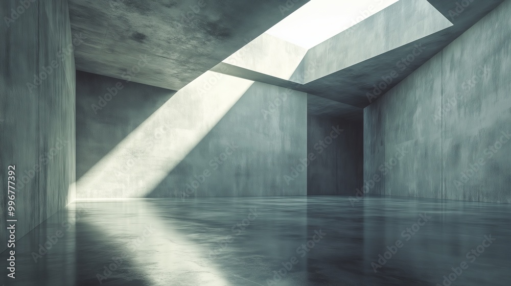 A minimalist concrete room with a skylight creates light patterns on polished floors, perfect for projects. A minimalist concrete room with a skylight creates light patterns on polished floors, perfect for projects.