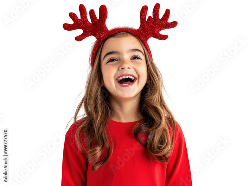 Laughing girl with reindeer antlers headband on white background PNG transparent. photo