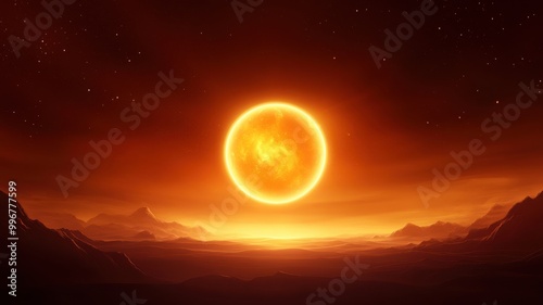 Stunning sunset with a vibrant orange sun over a mystical landscape.
