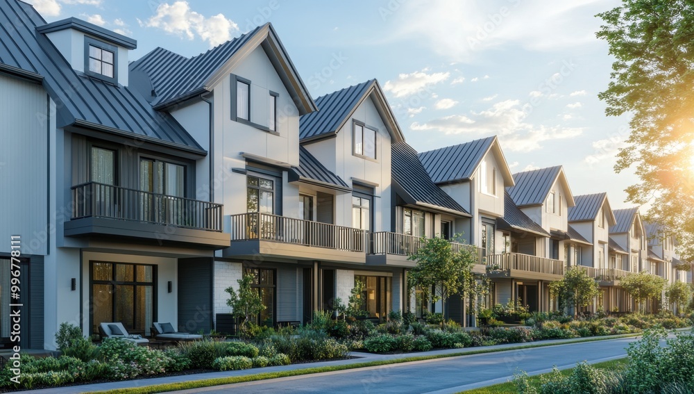 A row of modern townhouses with gray metal roofs and white walls, each house has an exterior balcony on the second floor Generative AI A row of modern townhouses with gray metal roofs and white walls, each house has an exterior balcony on the second floor Generative AI