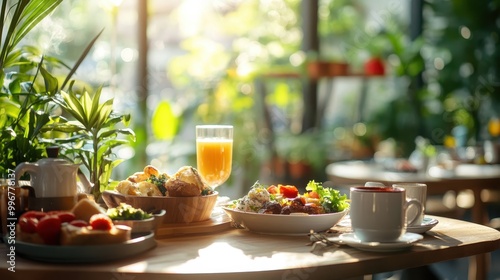 Brunch setup with vibrant food, cozy cafe atmosphere.