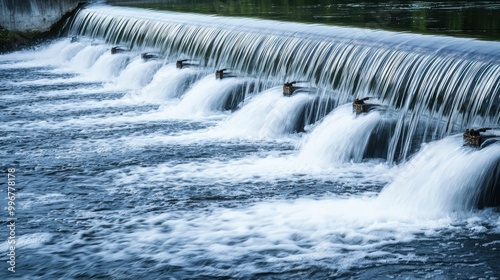 a river with a barrage system controlling water flow, illustrating engineering and environmental management