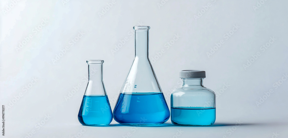 Four different blue liquid vials and beakers, arranged in a row on a white background.