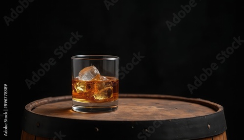 A glass of whiskey sits on top of a wooden barrel in a dimly lit room, creating a cozy and rustic atmosphere. The scene is warm and inviting.