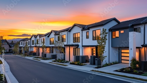 Modern townhouses with white walls and gray roofs, bathed in the warm glow of sunset light, captured in a wide-angle view Generative AI photo