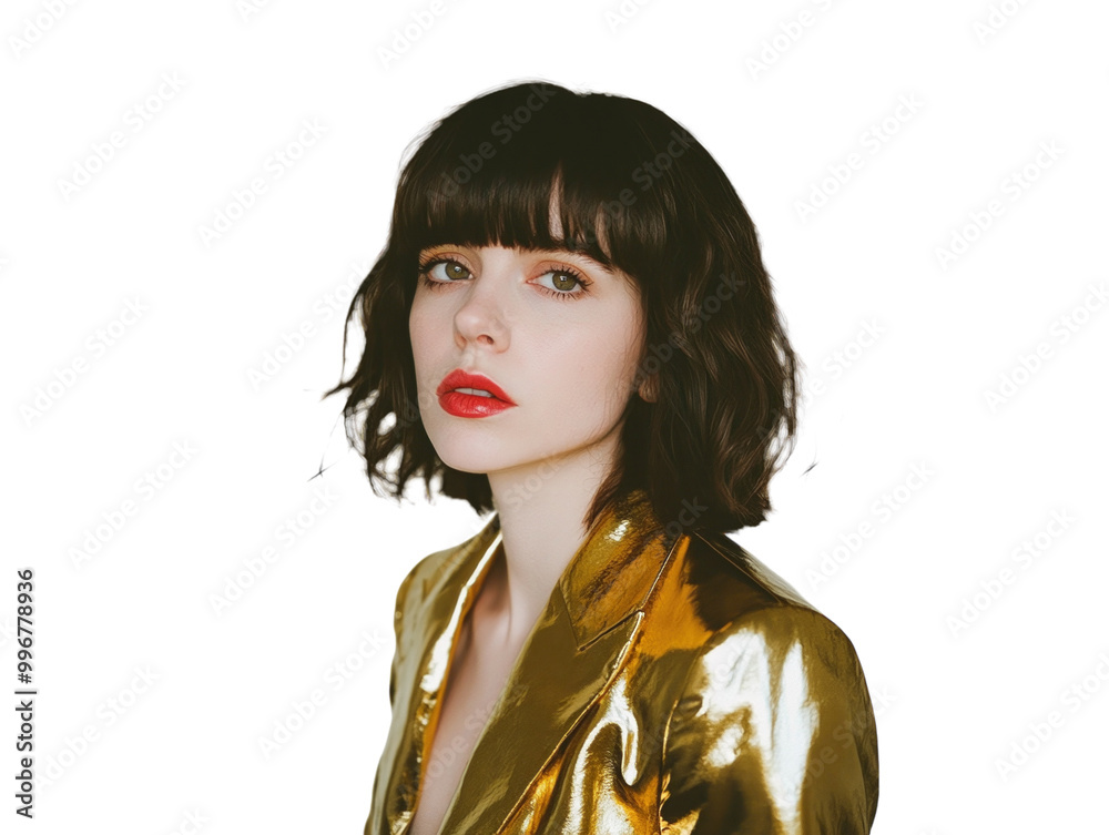 Fashionable woman in gold blazer on white background PNG transparent. Fashionable woman in gold blazer on white background PNG transparent.
