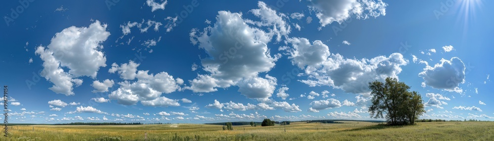 A large field with a tree in the middle and a blue sky with clouds A large field with a tree in the middle and a blue sky with clouds