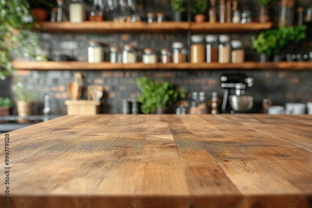 A wooden kitchen table with shelves in the background filled with jars, potted plants, and greenery A wooden kitchen table with shelves in the background filled with jars, potted plants, and greenery