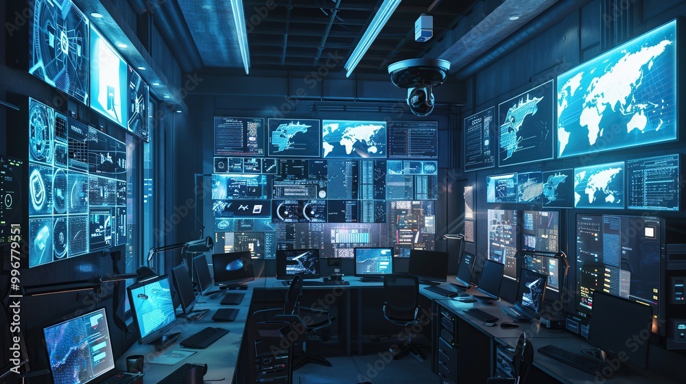A high-tech security system with multiple cameras and digital displays A high-tech security system with multiple cameras and digital displays