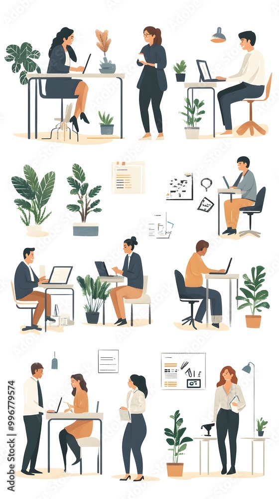 A set of illustrations in a flat design style depicting various scenes with people engaged in professional activities
A set of illustrations in a flat design style depicting various scenes with people engaged in professional activities