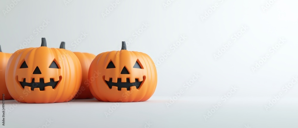 A row of orange pumpkins with black eyes and smiling faces A row of orange pumpkins with black eyes and smiling faces