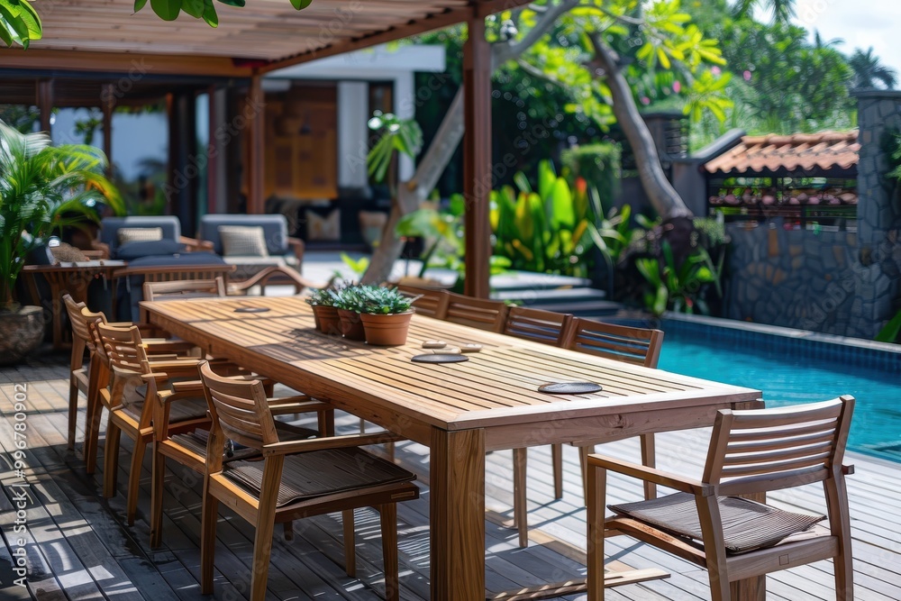 Obraz premium A large wooden dining table with many chairs around it is set up in a backyard