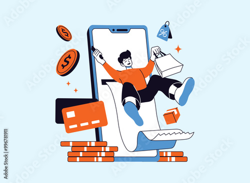 A young man is excited about online shopping, represented by his joyful expression and the various shopping elements surrounding him.