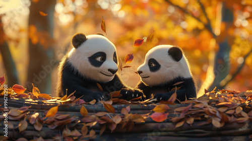 Two pandas on a log with leaves, warm sunset backdrop. Wildlife love romance concept. Generative AI .