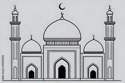 A drawing of a mosque on the top photo