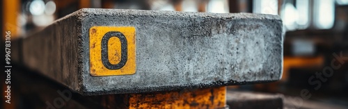 A concrete block marked with number zero sits in a sunny construction area photo