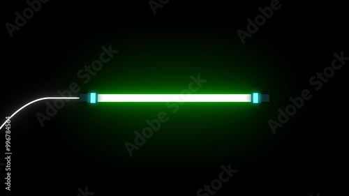 Glowing neon uv bulb animation on isolated black background. usb cable system.  Ultraviolet antibacterial bactericidal quartz medicine lamp, air disinfection and purification. photo