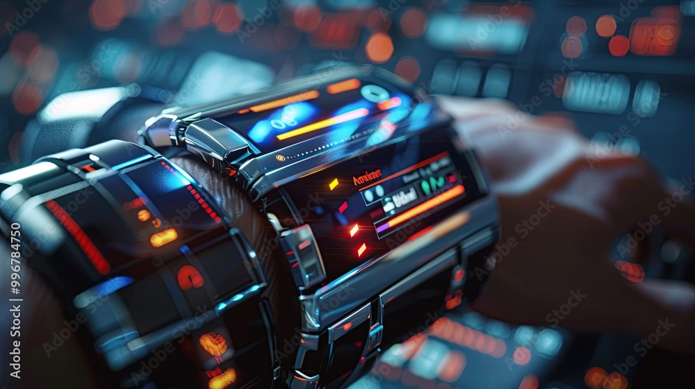 Naklejka premium A high-tech wearable device displaying various applications and data