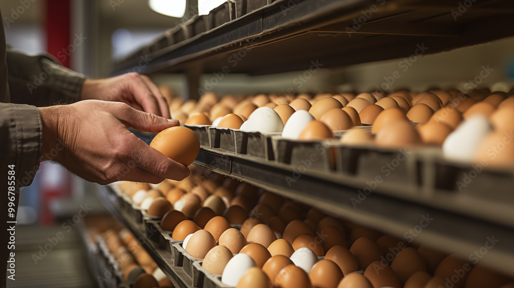 Farmer Selecting Fresh Eggs from Shelf Farmer Selecting Fresh Eggs from Shelf