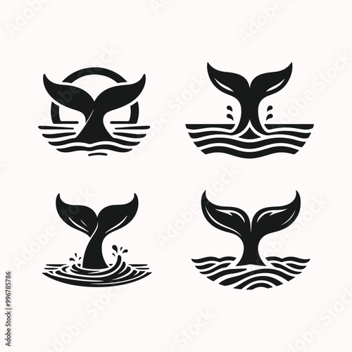 A whale tail in water logo icon, silhouette style, minimalist, white background