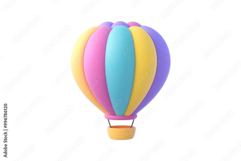 A vibrant 3D rendered hot air balloon with a basket, isolated against a black background. A vibrant 3D rendered hot air balloon with a basket, isolated against a black background.