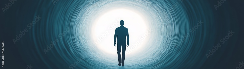 An isolated person advances toward a brilliant light at the tunnel's exit, symbolizing optimism, transition, and the process of navigating through adversity An isolated person advances toward a brilliant light at the tunnel's exit, symbolizing optimism, transition, and the process of navigating through adversity