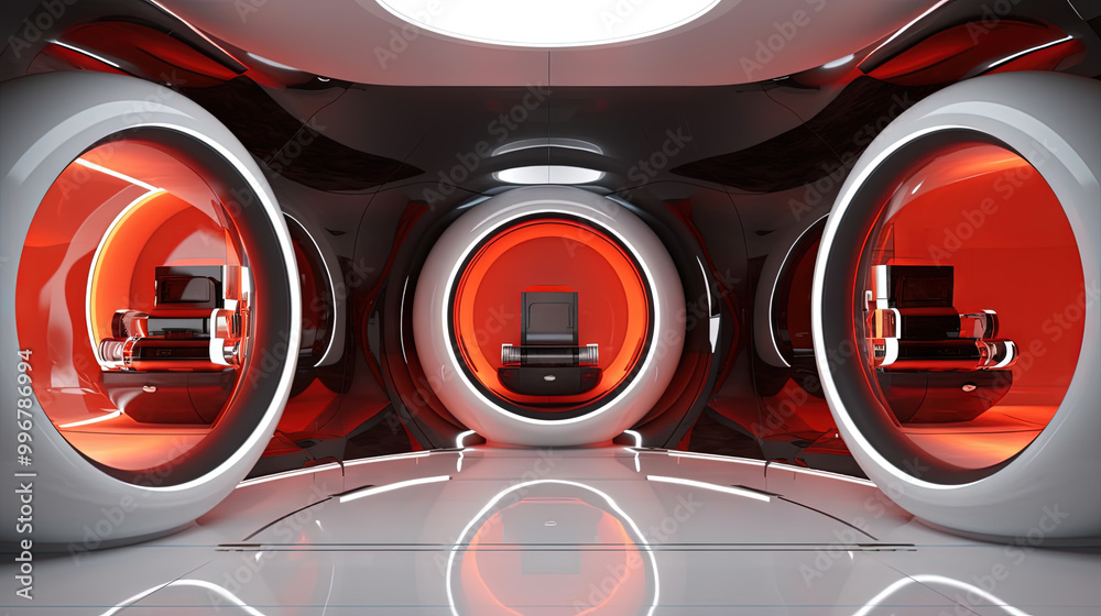 Spaceship or lab interior in retro futuristic sci-fi style with round doors. Spaceship or lab interior in retro futuristic sci-fi style with round doors.