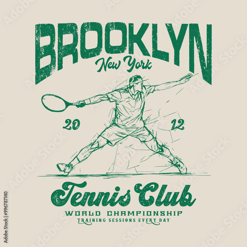 Brooklyn tennis club vintage tee print, athletic apparel design shirt graphic print. Los Angeles tennis club t-shirt design. College-style tee shirt with tennis ball. Sports apparel print illustration