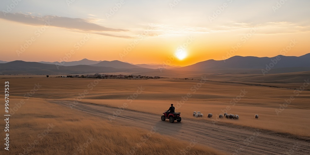 A Turkish shepherd on a quad bike herding sheep across a vast steppe A Turkish shepherd on a quad bike herding sheep across a vast steppe