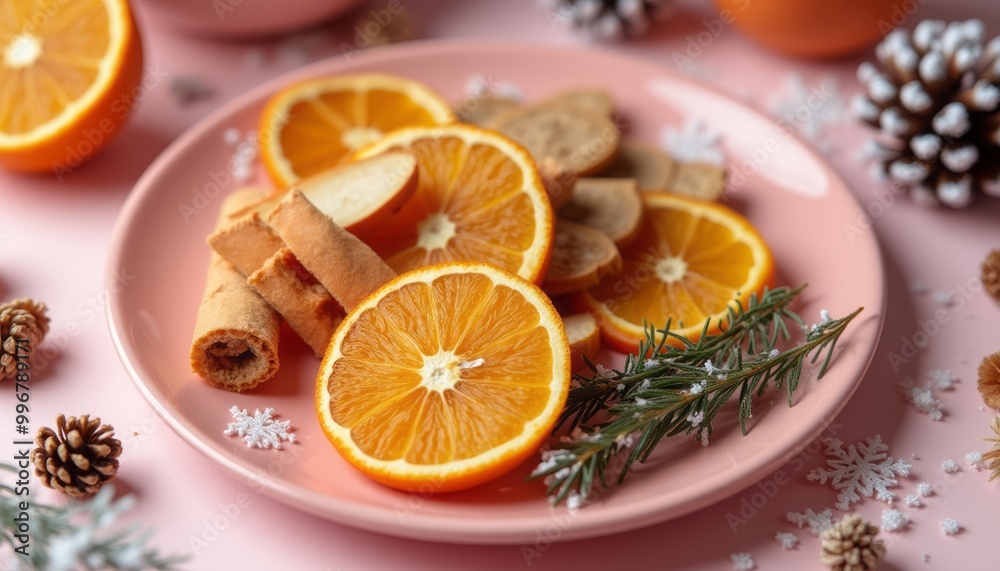 A festive plate of orange slices, cinnamon sticks, and pinecones is arranged decoratively, symbolizing a holiday or winter theme. The image is warm and seasonal. A festive plate of orange slices, cinnamon sticks, and pinecones is arranged decoratively, symbolizing a holiday or winter theme. The image is warm and seasonal.