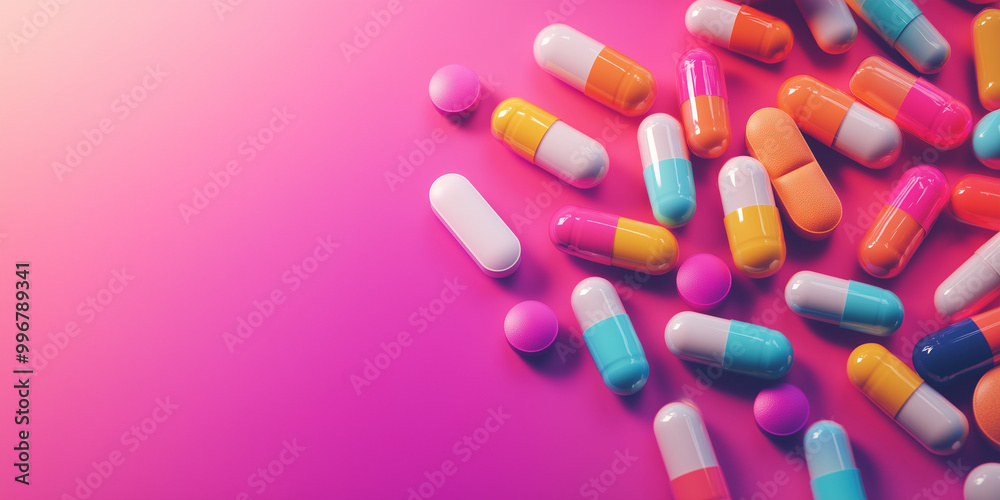 Colorful Tablets and Capsules on Vibrant Background Colorful Tablets and Capsules on Vibrant Background