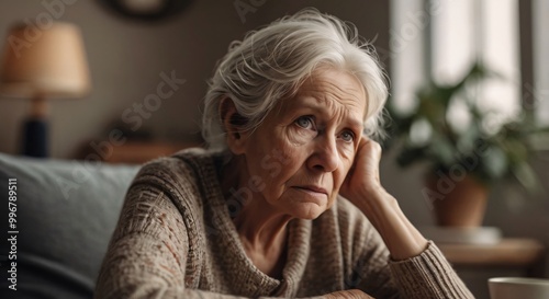 Depressed elderly woman at home. Senior woman mental health concept