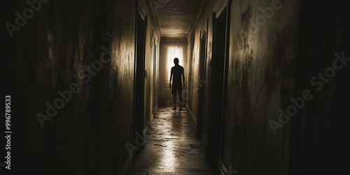 Shadowy Figure in Dimly Lit Hallway