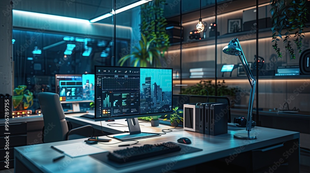A modern office setup with multiple monitors, a high-end desktop, and various tech accessories A modern office setup with multiple monitors, a high-end desktop, and various tech accessories