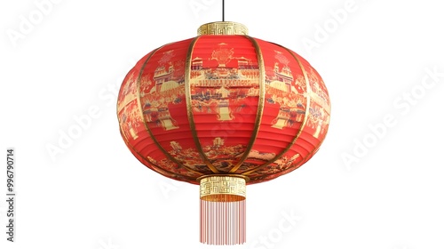 Hanging round Chinese lantern with red and gold traditional patterns and cartoon details