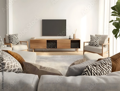 Wallpaper Mural Cozy and inviting modern living room with a large comfortable sectional sofa sleek media console plush armchairs Torontodigital.ca