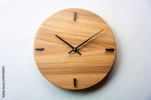 Wooden Accented Wall Clock: A clock with a natural wood frame, simple black hands, and no numbers, set against a white background.